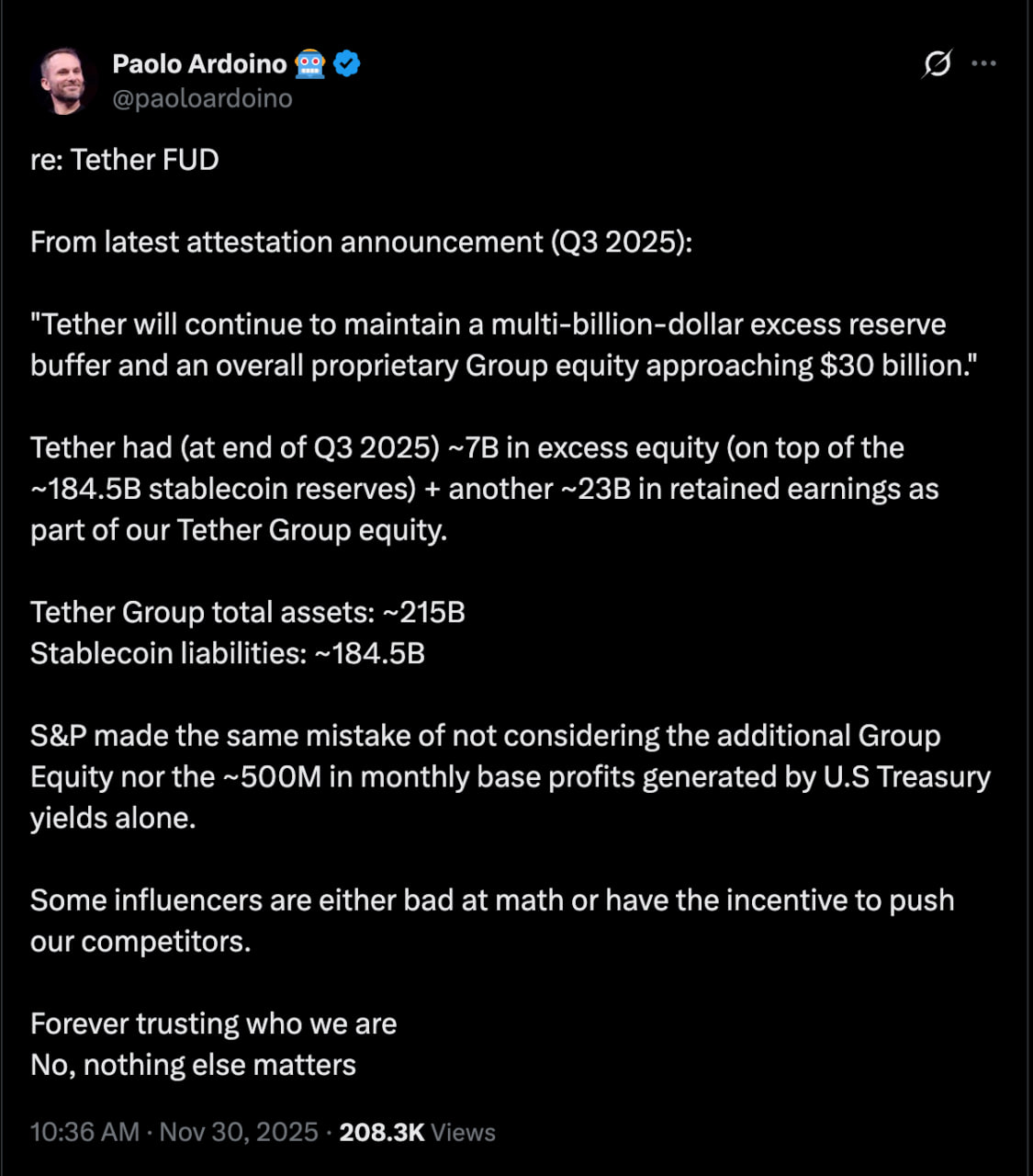 واکنش مدیرعامل تتر به کاهش رتبه USDT در S&P؛ تحلیل یک جنجال